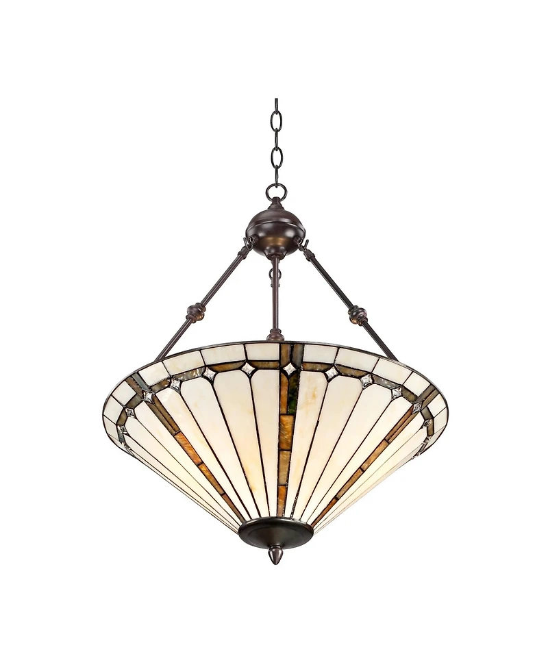 Robert Louis Tiffany Bronze Pendant Chandelier 20" Wide Tiffany Style Gold Texture Ivory Stained Glass Dining Room House Kitchen