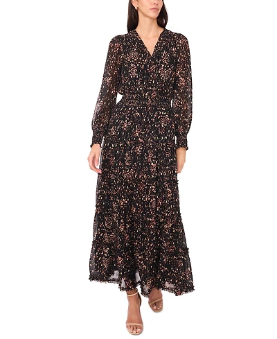 Msk Women's Long Sleeves Smocked Waist Tiered Maxi Dress