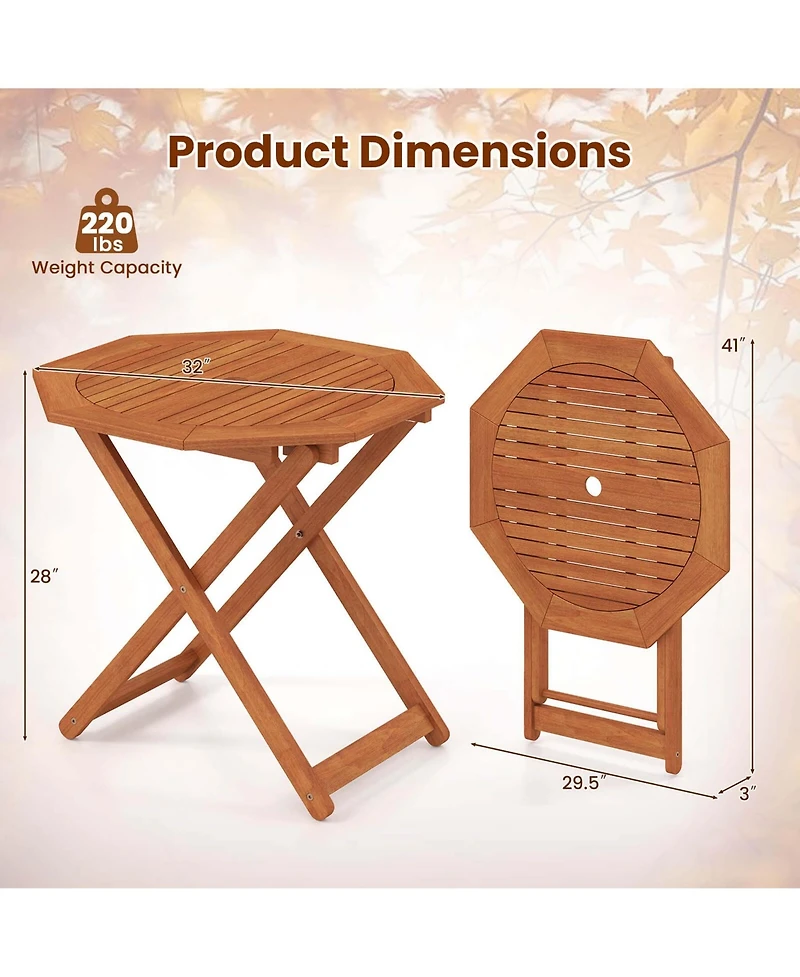 Costway 1 Pcs Outdoor Patio Folding Wood Dining Table for 4 with 2" Umbrella Hole for Garden