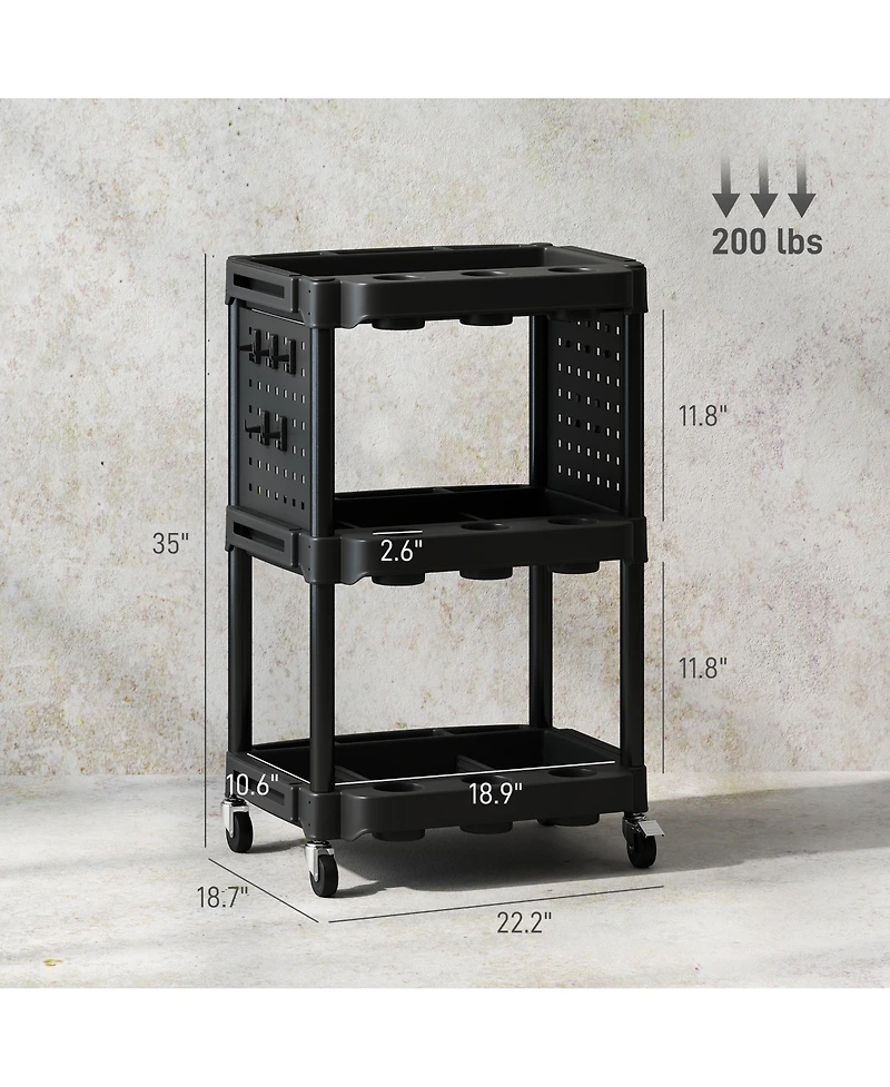 Homcom 3-Tier Rolling Tool Cart with Wheels, Plastic Utility Cart,