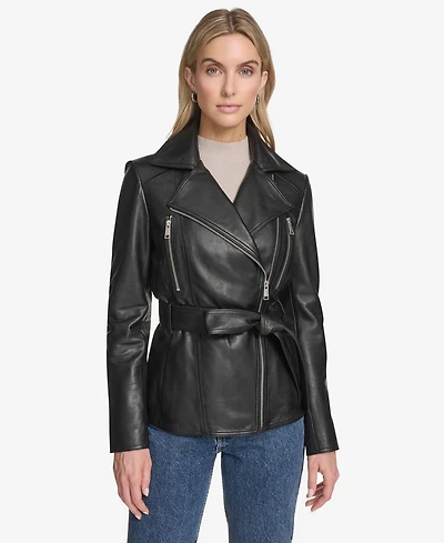 Andrew Marc Women's Violet Belted Moto Leather Jacket
