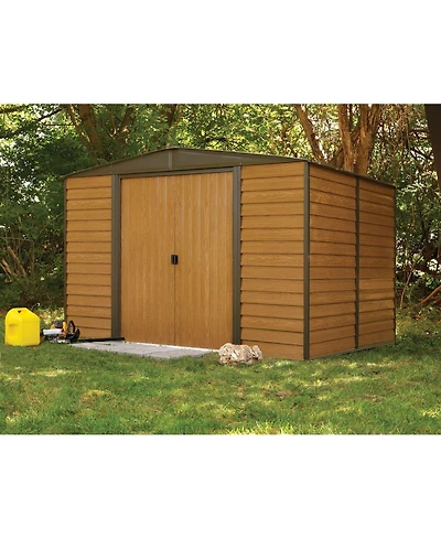 Slickblue Outdoor Steel Storage Shed with Woodgrain Finish for Garden and Yard Storage