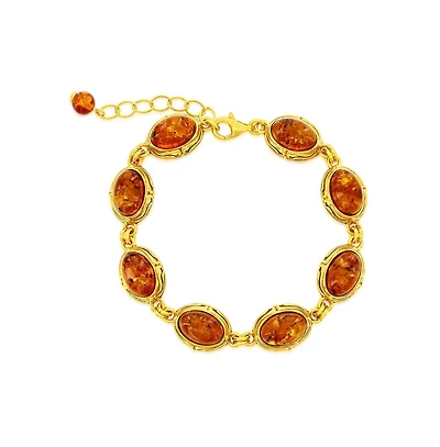Caribbean Treasures Sterling Silver, Oval Amber, Designed Outline Bracelet