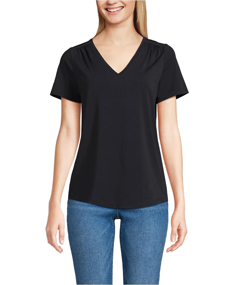 Lands' End Women's Short Sleeve Lightweight Jersey Gathered Shoulder T-Shirt