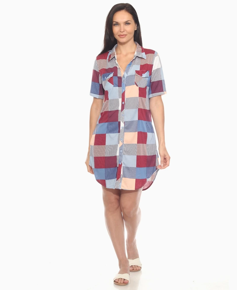 White Mark Women's Short Sleeve Plaid Button-Down Shirt Dress
