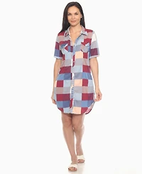 White Mark Women's Short Sleeve Plaid Button-Down Shirt Dress