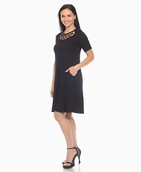 White Mark Women's Short Sleeve Crisscross Neck A-Line Dress