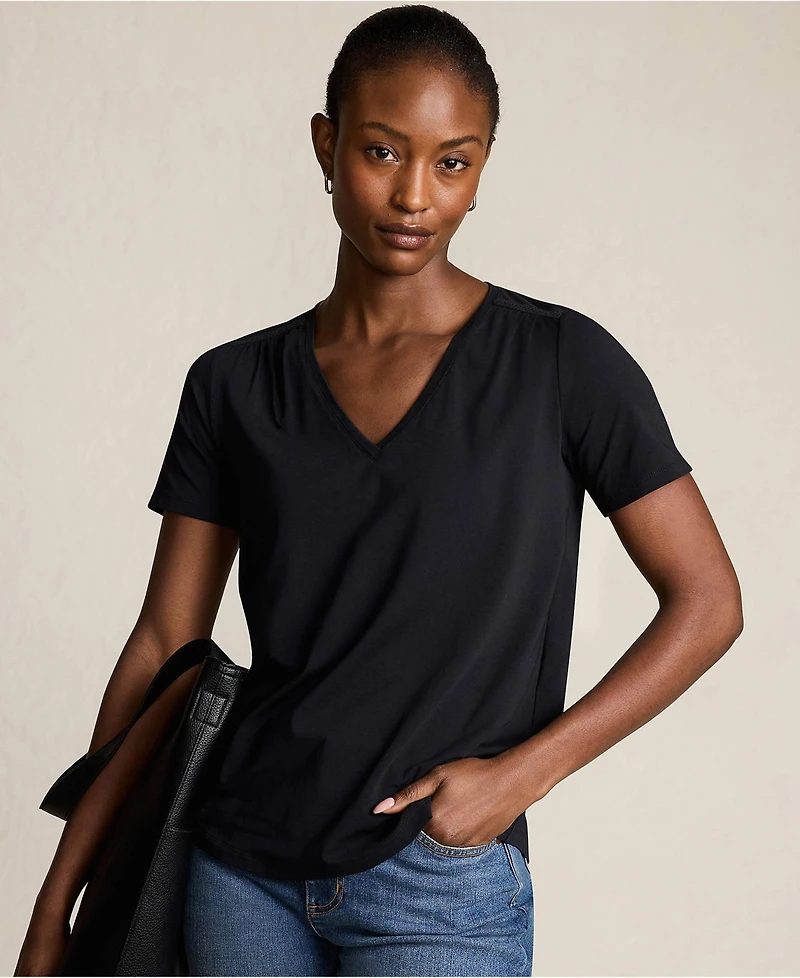 Lands' End Women's Petite Short Sleeve Lightweight Jersey Gathered Shoulder T-Shirt