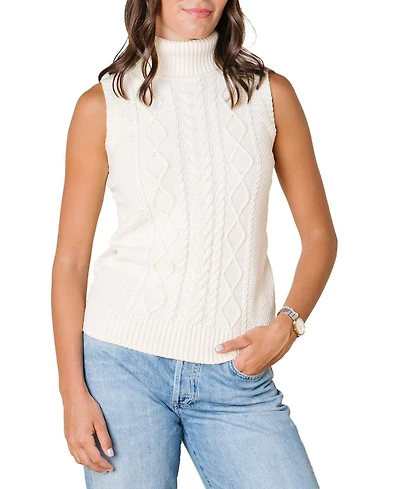 Hope & Henry Women's Organic Sleeveless Cable Knit Turtleneck Sweater