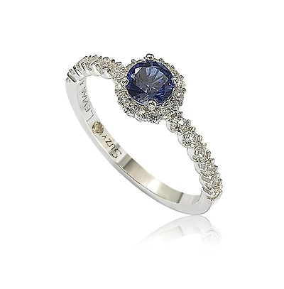 Suzy Levian New York Sterling Silver Sapphire & Created White Petite Halo Proposal Ring