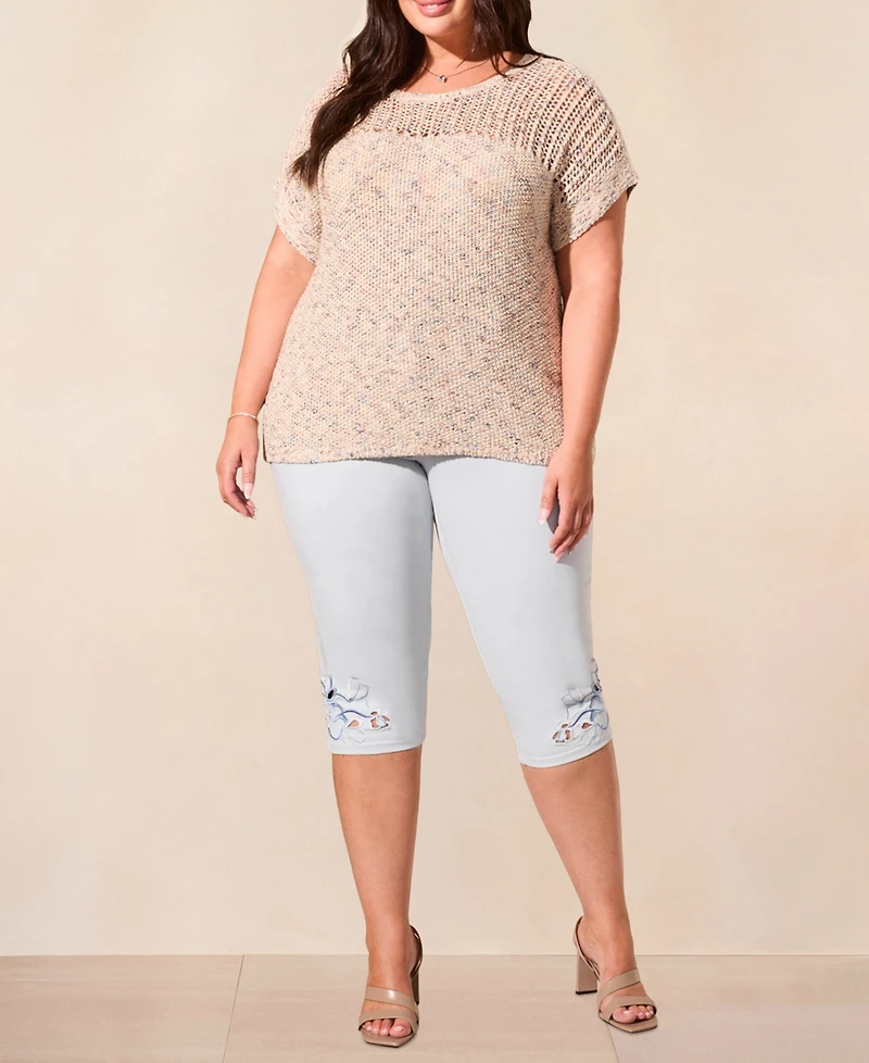 Tribal Plus Slub Knit Short-Sleeve Boat Neck Sweater