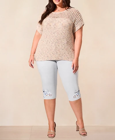 Tribal Plus Slub Knit Short-Sleeve Boat Neck Sweater