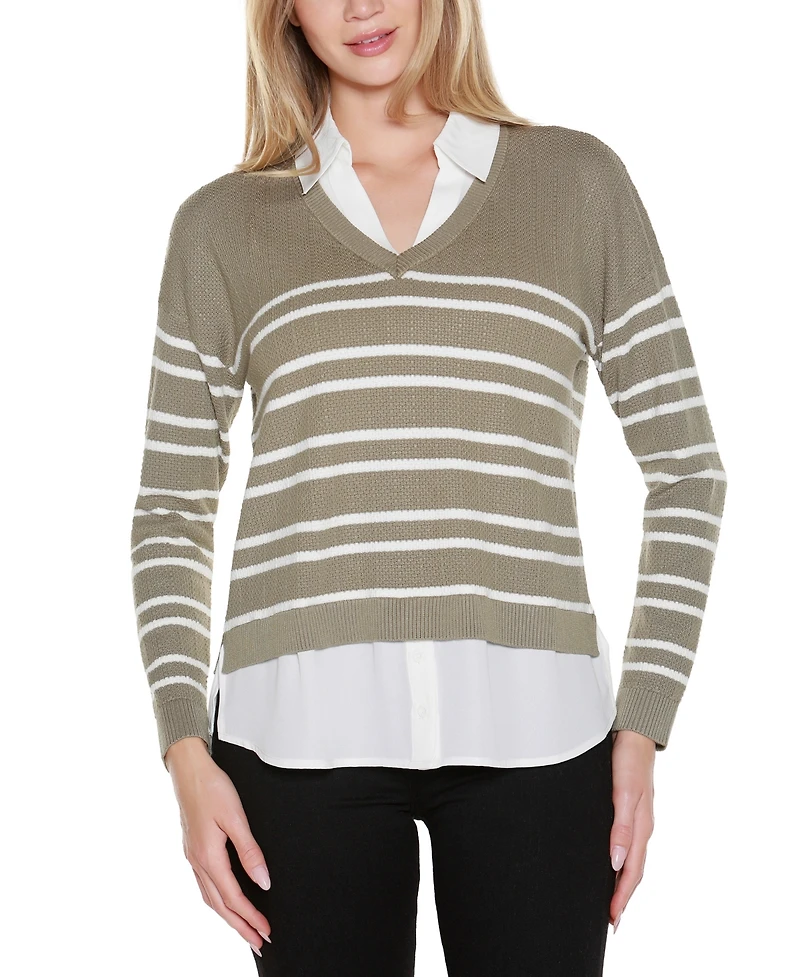Belldini Women's Striped V-Neck Two-Fer Sweater