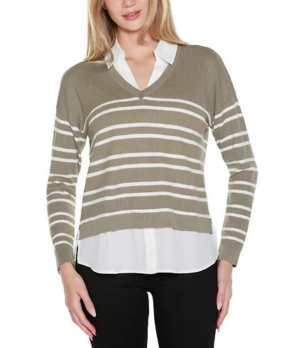 Belldini Women's Striped V-Neck Two-Fer Sweater