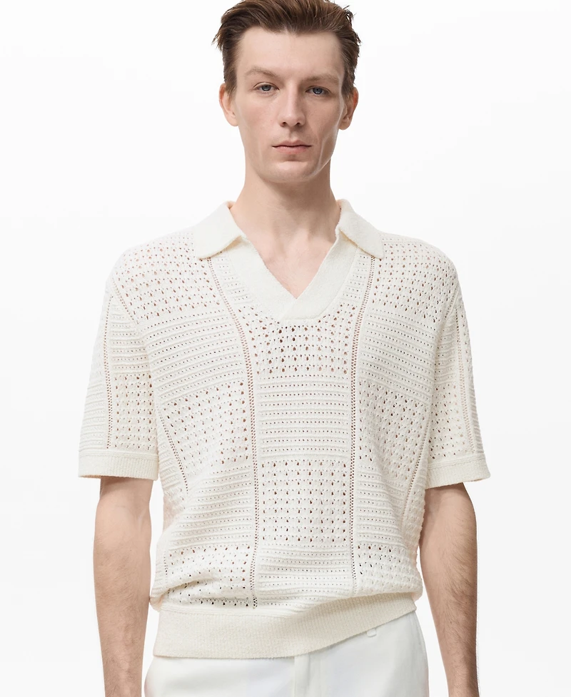 Mango Men's Openwork Knitted Cotton Polo Shirt