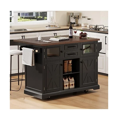 Maison Boucle 54.9" Rolling Kitchen Island with Drop Leaf & Power Outlet, Farmhouse Storage Cart Adjustable Shelves-Maison