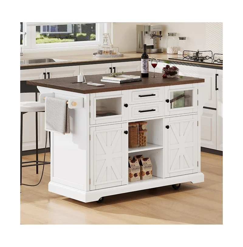 Maison Boucle 54.9" Rolling Kitchen Island with Drop Leaf & Power Outlet, Farmhouse Storage Cart with Adjustable Shelves-Maison Boucle