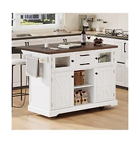 Maison Boucle 54.9" Rolling Kitchen Island with Drop Leaf & Power Outlet, Farmhouse Storage Cart with Adjustable Shelves-Maison Boucle