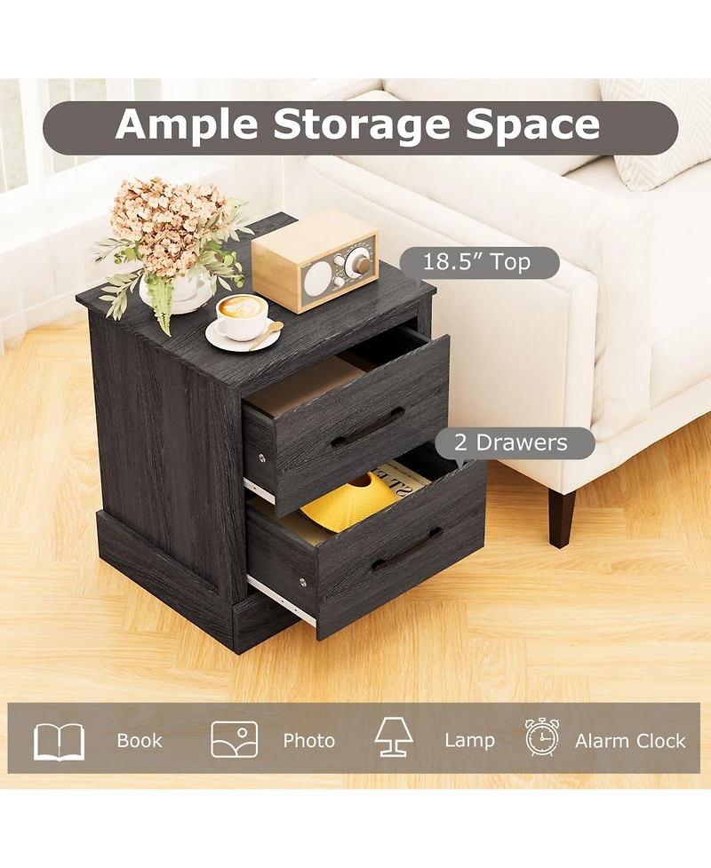 Gymax Set of 2 Drawer Nightstand Bedside Table Compact Sofa End Table Oak Dark Grey