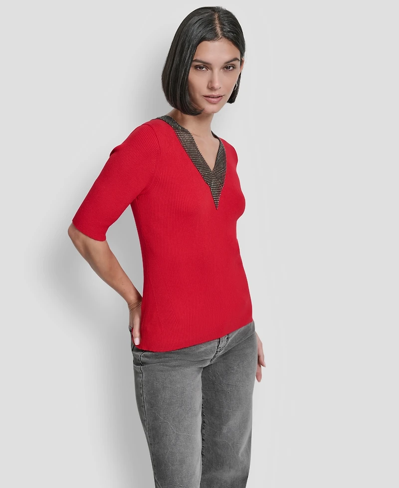Dkny Women's Embellished-Neck Half-Sleeve Ribbed Sweater