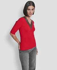 Dkny Women's Embellished-Neck Half-Sleeve Ribbed Sweater