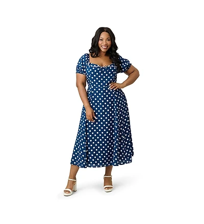 Unique Vintage Plus Dot Puff Sleeve Midi Dress