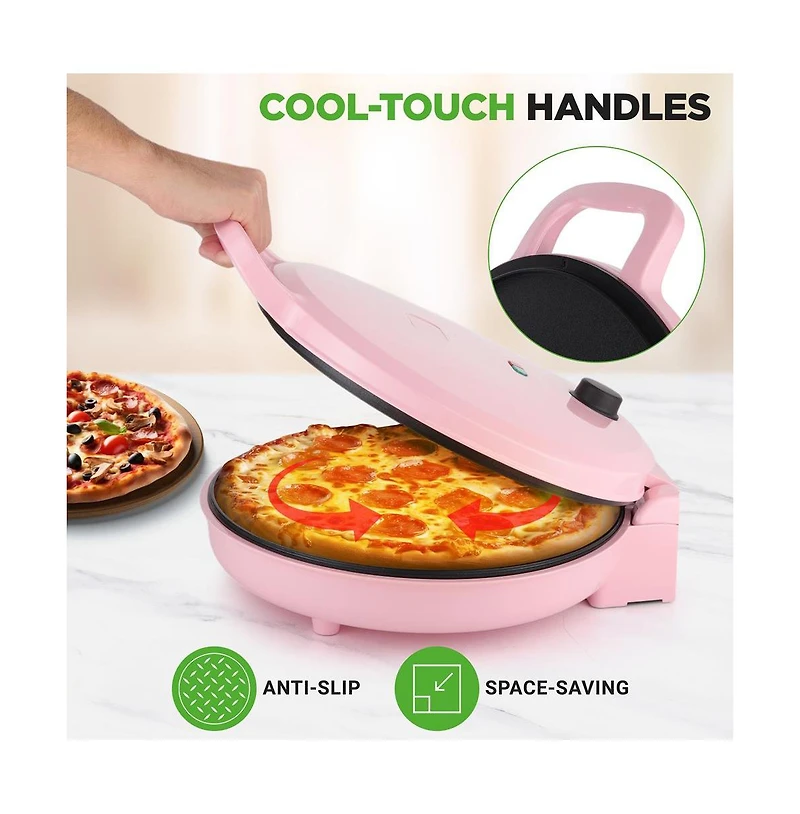 NutriChef Countertop Pizza Maker - Non-Stick Electric Pizza Oven with Cool Touch Handle and Uplift Function, Includes Spatula (Pink)