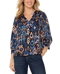Liverpool Los Angeles Women's 3/4-Sleeve V-Neck Woven Top