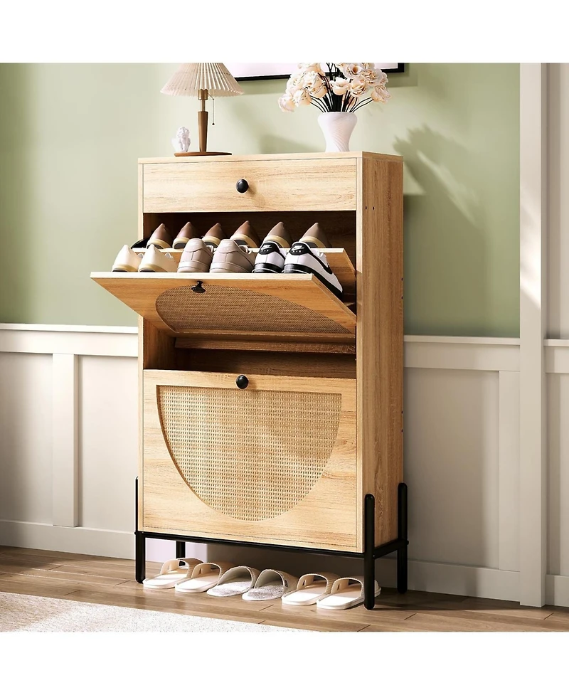 Ironck Shoe Cabinet with 2 Flip Drawers, Oak