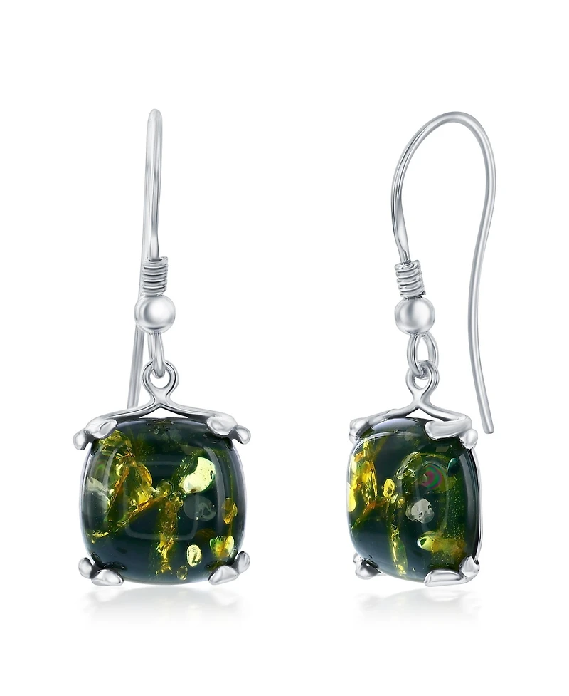 Caribbean Treasures Sterling Silver, Green Amber Square Dangle Earrings