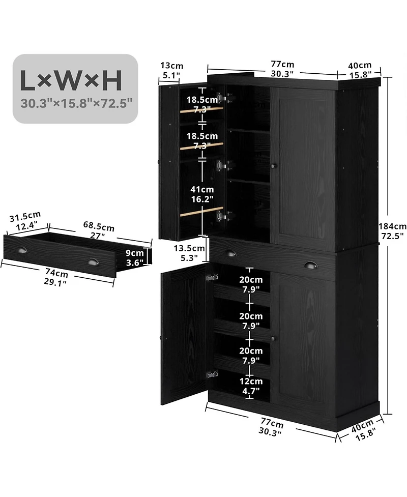 Ironck Kitchen Pantry with Drawer, Sliding Storage Rack, Black