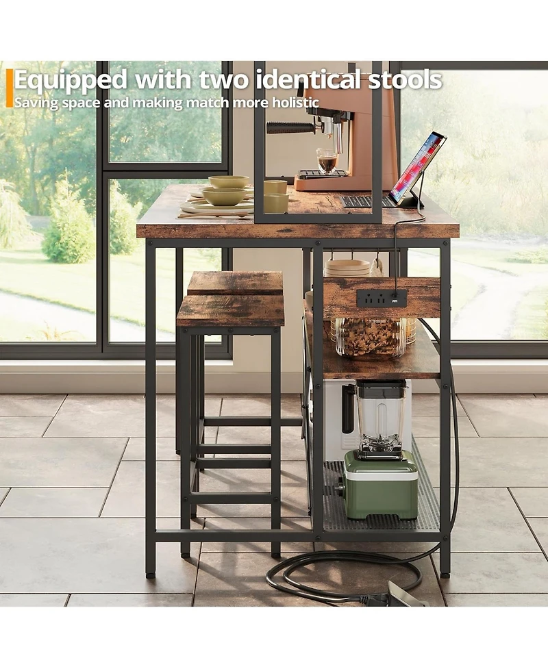 Ironck Kitchen Island with Stools, Storage and Power Outlet, Vintage Brown