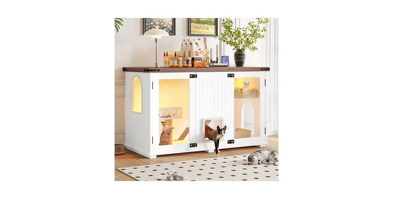 Aostirmotor Large Cat Litter Box Enclosure with Led Stairs Scratcher White