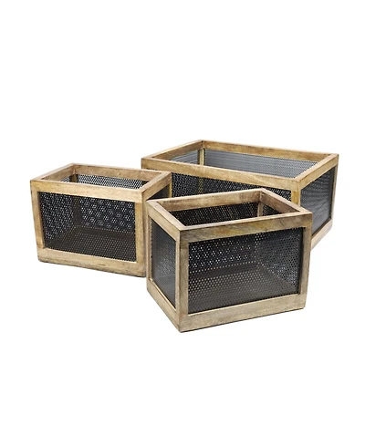 Fallon Modern Minimalist Handmade Wooden Metal Nesting Storage Baskets, (Set of 3)