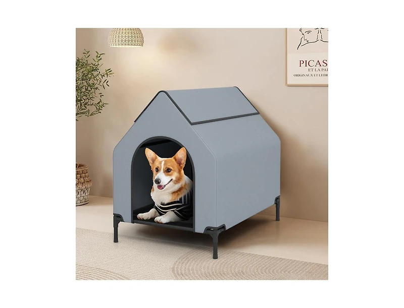 Akiudex Outdoor Elevated Dog House with Canopy and Mesh Windows
