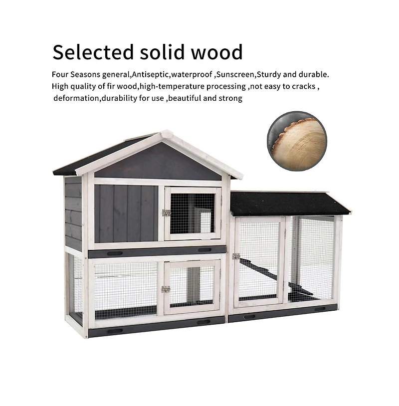 Aostirmotor Outdoor Gray Wood Pet House with Run and Deeper No Leak Tray Removable Bottom Wire Mesh for Small Animals