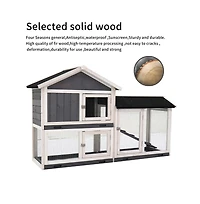 Aostirmotor Outdoor Gray Wood Pet House with Run and Deeper No Leak Tray Removable Bottom Wire Mesh for Small Animals