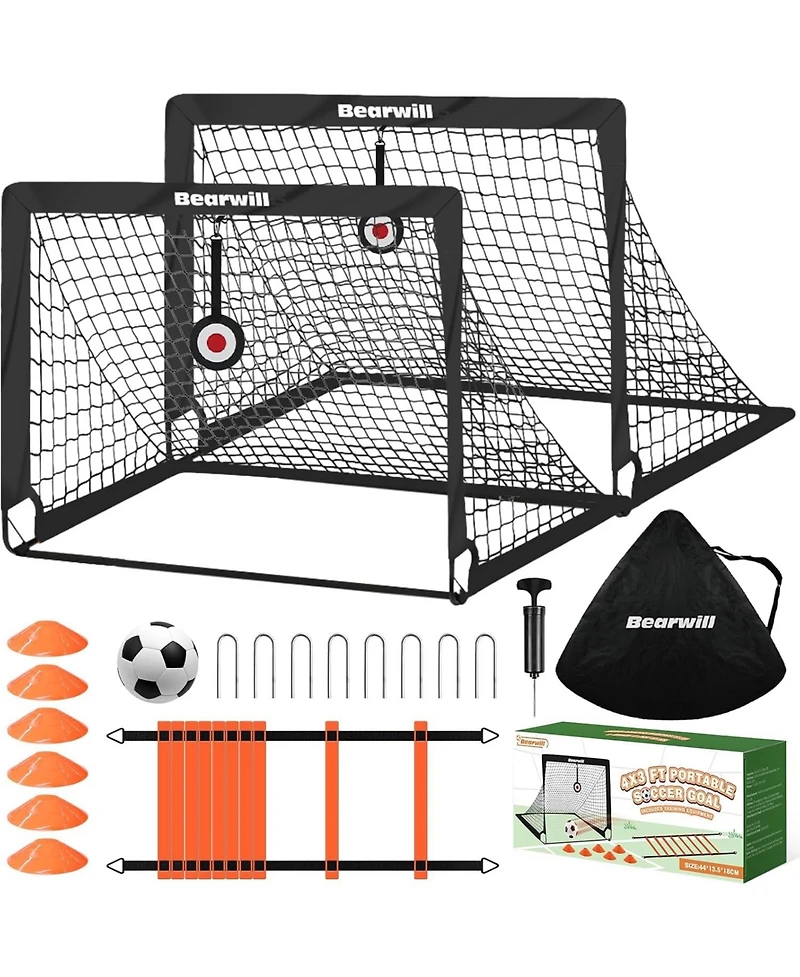 Bearwill Kids Soccer Goal Set of 2, 4x3FT Pop Up Backyard Goals with Training Kit - Includes Portable Nets, Ball, Cones, Ladder & Targets