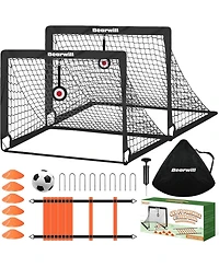 Bearwill Kids Soccer Goal Set of 2, 4x3FT Pop Up Backyard Goals with Training Kit - Includes Portable Nets, Ball, Cones, Ladder & Targets