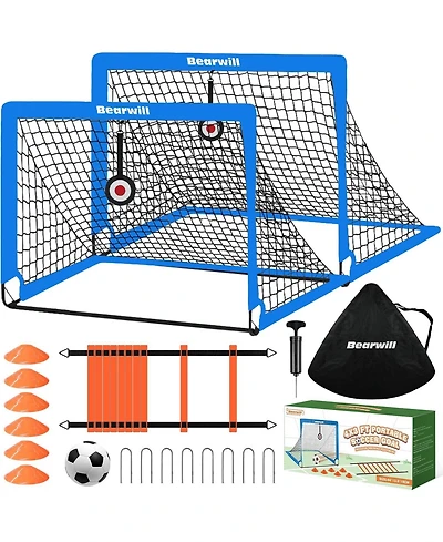 Bearwill Kids Soccer Goal Set of 2, 4x3FT Pop Up Backyard Goals with Training Kit - Includes Ball, Cones