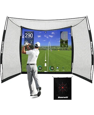 Bearwill 11FT x 8FT Golf Net with Simulator Impact Screen - Hd Blank Screen & Target Cloth for Driving, Swing Practice - Home, Garage, Backyard