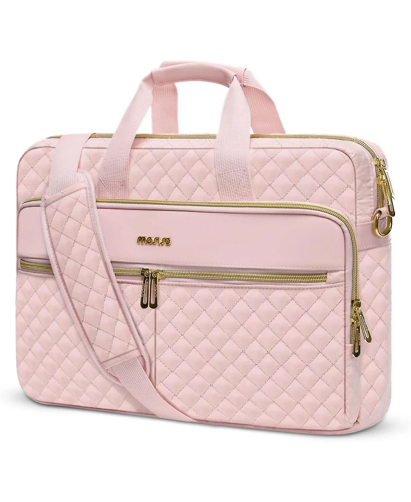 Mosiso Pink Square Quilted Laptop Messenger Bag - 15-16 Inch Briefcase for Office & Travel | 3-Pocket Computer Bag with Adjustable Strap