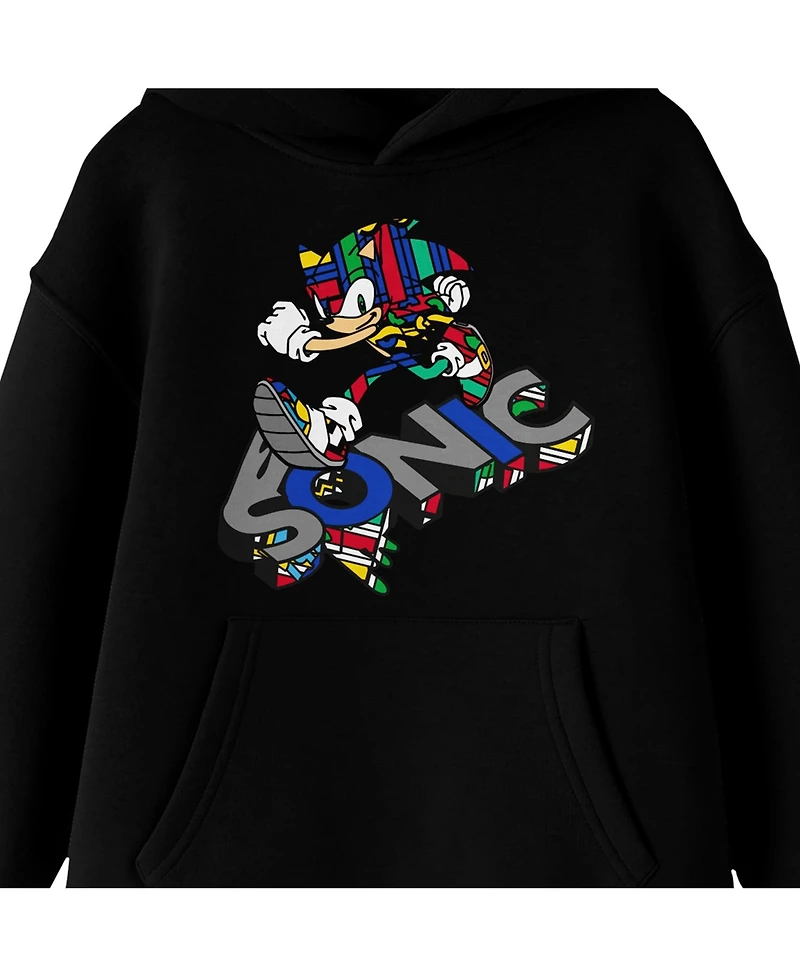 Sonic The Hedgehog Modern Pop Dimension Color Art Long Sleeve Youth Black Hooded Sweatshirt-Medium