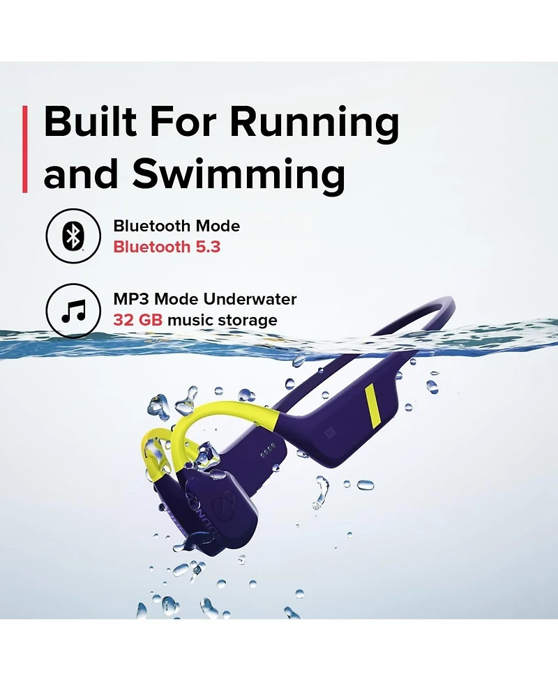 Suunto Aqua Open-Ear Swimming Bone Conduction Headphone, 32GB MP3 Bluetooth Running Player, Head Movement Control, Noise Cancelled Dual-Mic, IP68 Wate