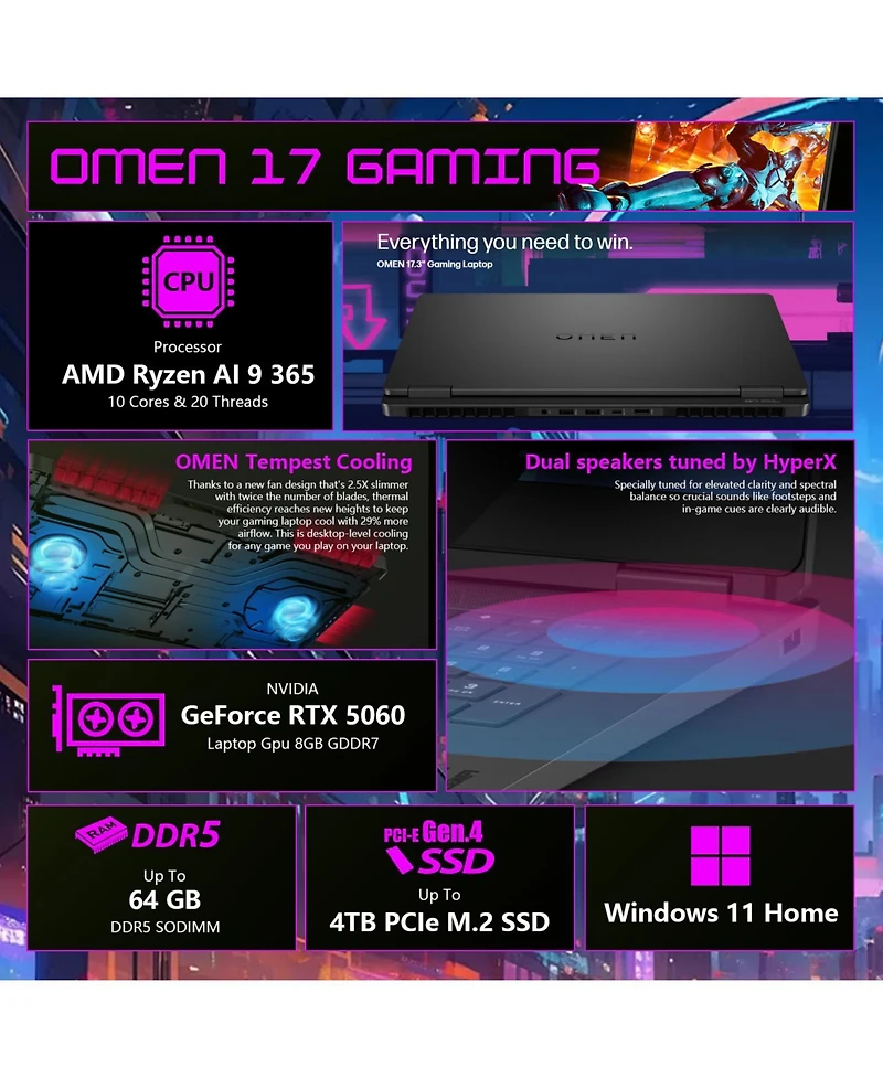 Hp Omen 17.3" Gaming Traditional Laptop Amd Ryzen Ai 9 365 16GB Ram Nvidia GeForce Rtx 5060 512GB Ssd Storage Windows 11 Home Fhd 144Hz - Black