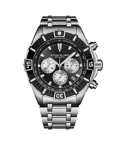 Stuhrling 1022 Men s Chronograph Watch Quartz Movement Black Dial Silver Subdials Black Bezel Stainless Steel Case and Bracelet 50M Water Resistant
