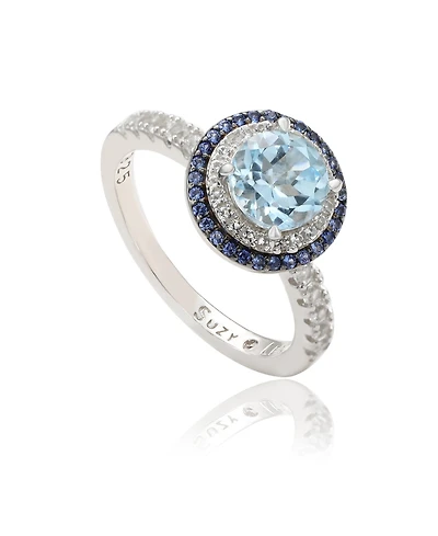 Suzy Levian Sterling Silver Round Cut Topaz and Sapphire Double Halo Ring
