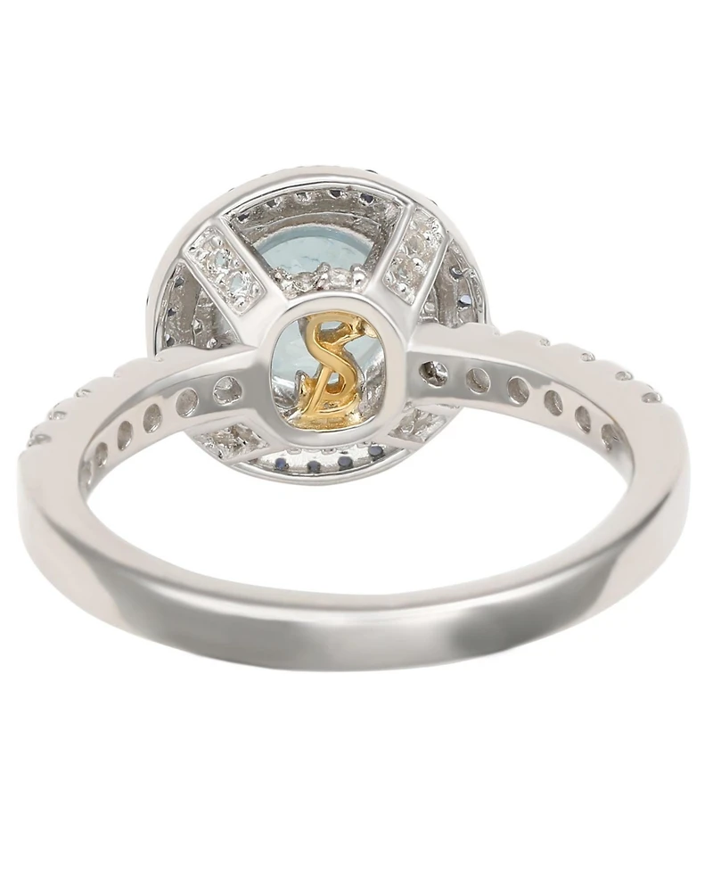 Suzy Levian Sterling Silver Round Cut Topaz and Sapphire Double Halo Ring