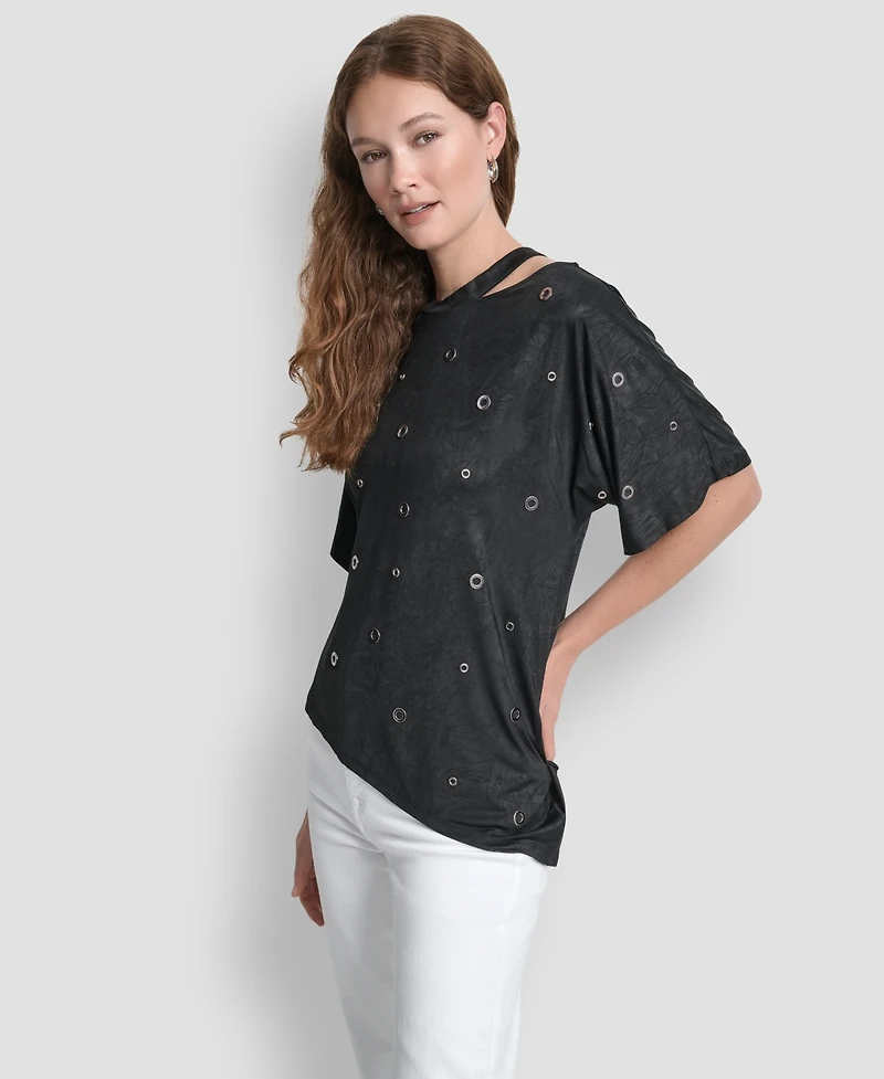 Dkny Women's Short Sleeve Grommet Detail Cutout Top