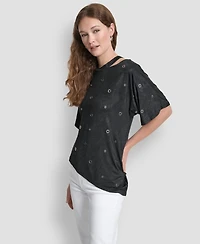 Dkny Women's Short Sleeve Grommet Detail Cutout Top